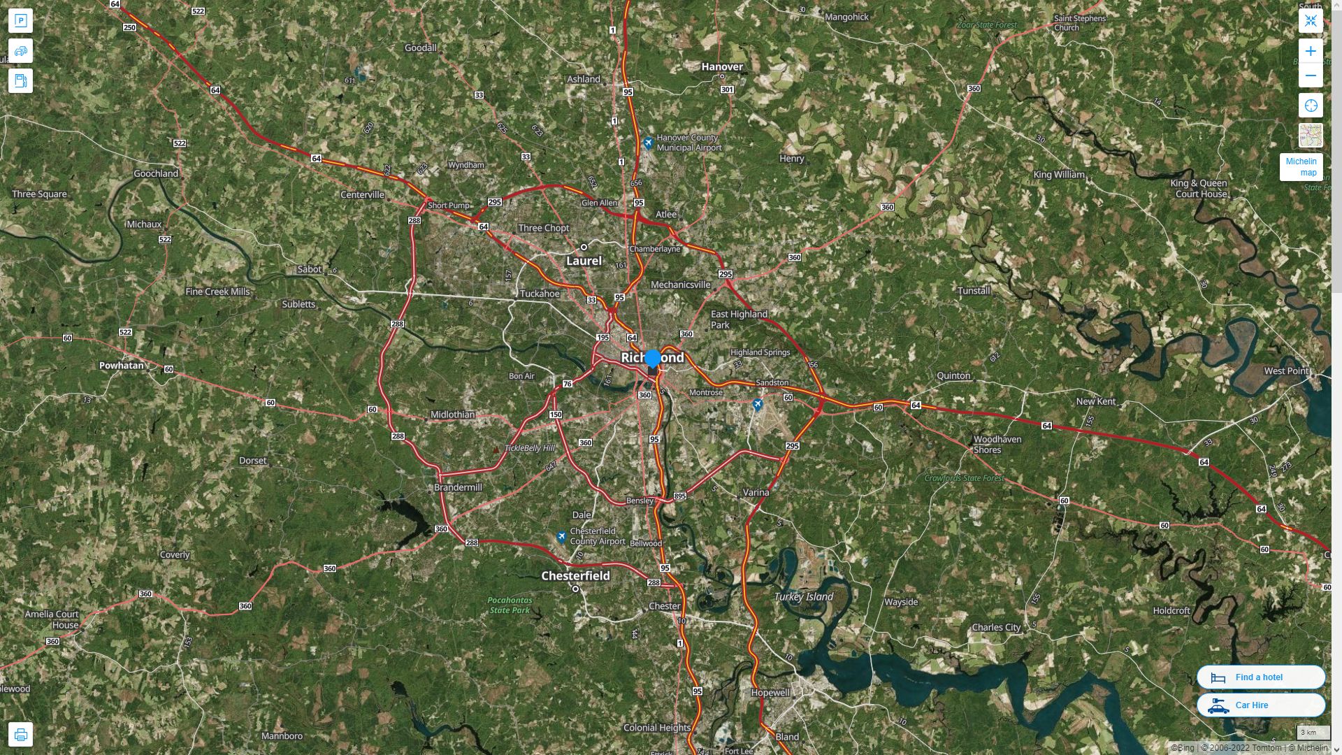 Richmond Virginia Highway and Road Map with Satellite View